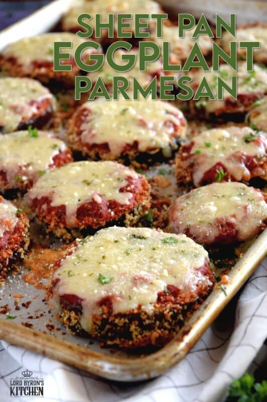 An update on an old Italian classic; this healthier version of Sheet Pan Eggplant Parmesan is bursting with flavour. No need to pan-fry the eggplant first in this version; it's coated in panko crumbs and baked to keep it crispier and lighter! #eggplant #parmesan #eggplantparmesan #italianrecipes #sheetpan #sheetpanrecipes #eggplant #parmesan #eggplantparmesan #italianrecipes #sheetpan #sheetpanrecipes