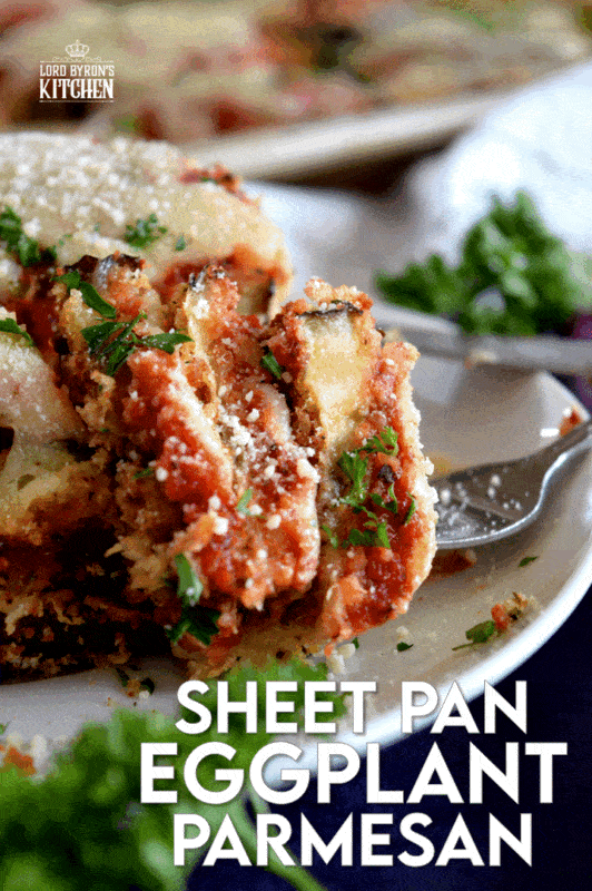 An update on an old Italian classic; this healthier version of Sheet Pan Eggplant Parmesan is bursting with flavour. No need to pan-fry the eggplant first in this version; it's coated in panko crumbs and baked to keep it crispier and lighter! #eggplant #parmesan #eggplantparmesan #italianrecipes #sheetpan #sheetpanrecipes #eggplant #parmesan #eggplantparmesan #italianrecipes #sheetpan #sheetpanrecipes