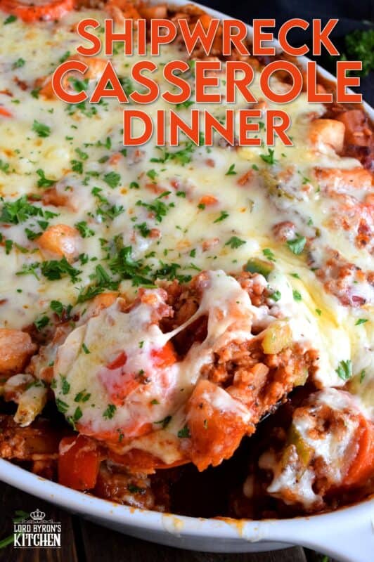 A blast from the past recipe that will fill your belly and comfort all of your food cravings; Shipwreck Casserole Dinner is not only super delicious, but also very easy to prepare, and as an added bonus, it's loaded with veggies too! #casserole #shipwreck #seven #layer #dinner