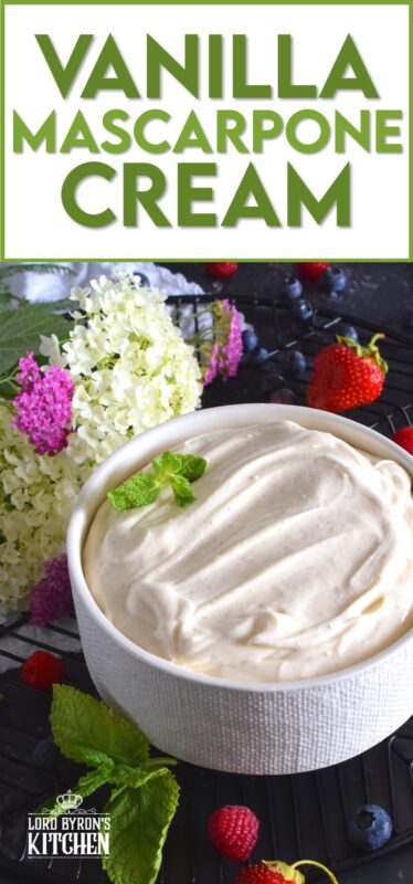 For those times when whipped cream just won't cut it, Vanilla Mascarpone Cream is what you need! It's super creamy and thick, does not deflate like whipped cream, tastes sweet and slightly tart at the same time, and finally, it's loaded with vanilla beans! #whippedtopping #mascarpone #cheese #vanillabean #vanilla