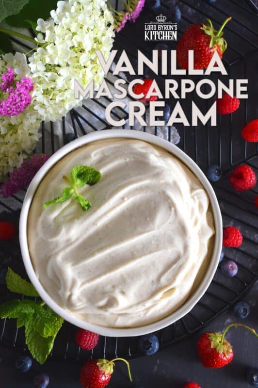 For those times when whipped cream just won't cut it, Vanilla Mascarpone Cream is what you need! It's super creamy and thick, does not deflate like whipped cream, tastes sweet and slightly tart at the same time, and finally, it's loaded with vanilla beans! #whippedtopping #mascarpone #cheese #vanillabean #vanilla