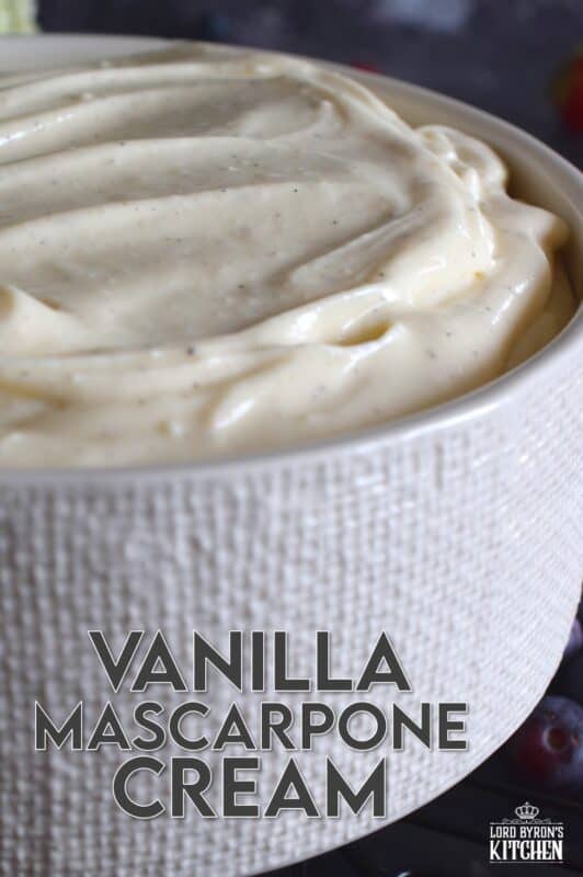 For those times when whipped cream just won't cut it, Vanilla Mascarpone Cream is what you need! It's super creamy and thick, does not deflate like whipped cream, tastes sweet and slightly tart at the same time, and finally, it's loaded with vanilla beans! #whippedtopping #mascarpone #cheese #vanillabean #vanilla
