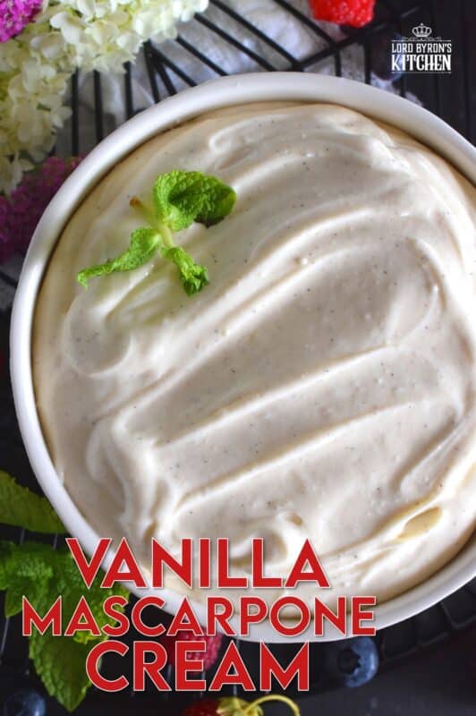For those times when whipped cream just won't cut it, Vanilla Mascarpone Cream is what you need! It's super creamy and thick, does not deflate like whipped cream, tastes sweet and slightly tart at the same time, and finally, it's loaded with vanilla beans! #whippedtopping #mascarpone #cheese #vanillabean #vanilla
