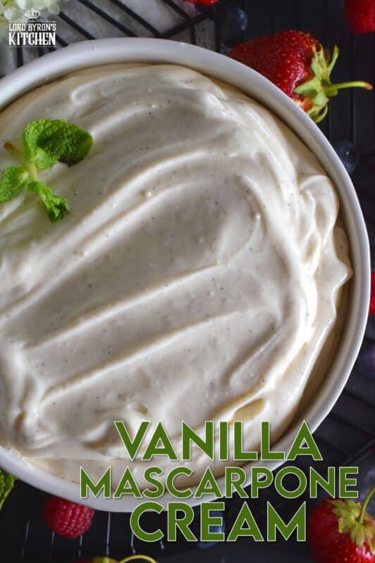 For those times when whipped cream just won't cut it, Vanilla Mascarpone Cream is what you need! It's super creamy and thick, does not deflate like whipped cream, tastes sweet and slightly tart at the same time, and finally, it's loaded with vanilla beans! #whippedtopping #mascarpone #cheese #vanillabean #vanilla