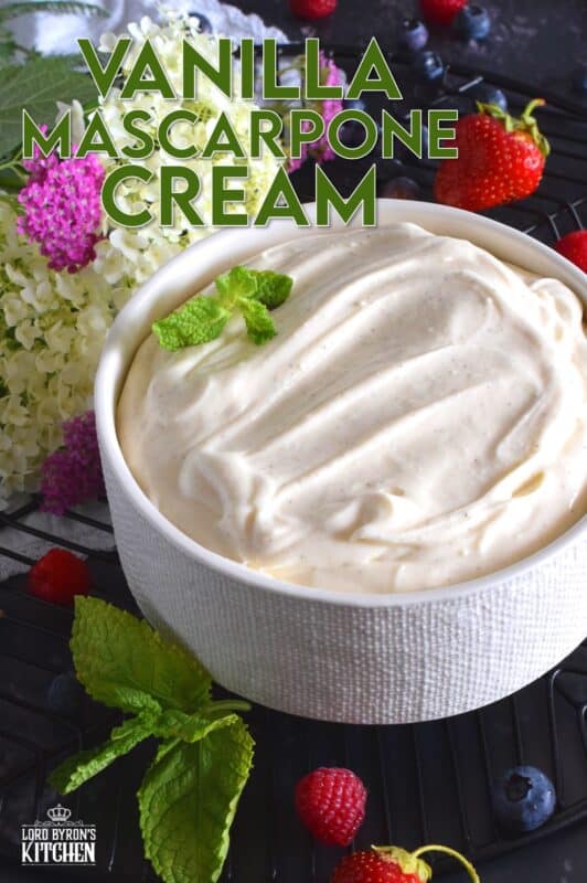 For those times when whipped cream just won't cut it, Vanilla Mascarpone Cream is what you need! It's super creamy and thick, does not deflate like whipped cream, tastes sweet and slightly tart at the same time, and finally, it's loaded with vanilla beans! #whippedtopping #mascarpone #cheese #vanillabean #vanilla