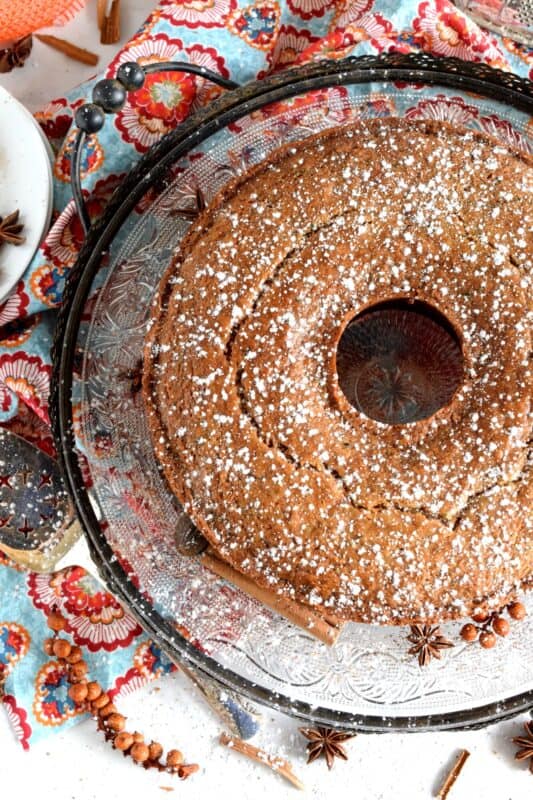 Warming spices such as cinnamon, nutmeg, and ginger come together in this Autumn Spiced Zucchini Bundt Cake to create an inviting slice of fall, using the end of summer’s fresh produce. #zucchini #cake #bundt #fall #spiced #autumn #baking