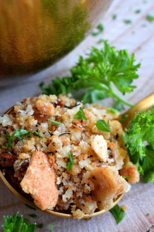 Loved throughout Newfoundland, this traditional baked dressing uses pure savoury to transform a bread stuffing into something extraordinarily tasty! The same preparation method is applied whether you bake or pan-fry the dressing, and even if you stuff it into your turkey! #newfoundland #recipes #stuffing #dressing #traditional