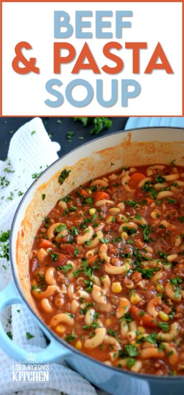 A soup that's a complete meal! Beef and Pasta Tomato Soup covers all the bases in terms of being a well-balanced meal. It's delicious, hearty, mom/dad-approved, and kid-friendly too! #beef #tomato #pasta #soup #heartysoup #familyrecipes