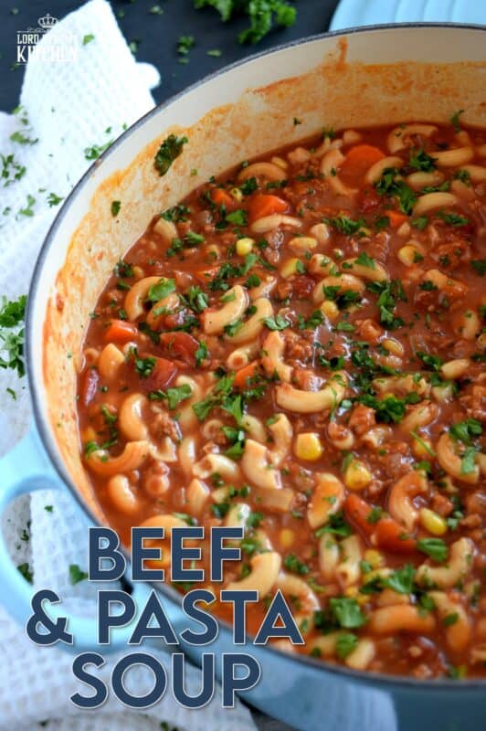 A soup that's a complete meal! Beef and Pasta Tomato Soup covers all the bases in terms of being a well-balanced meal. It's delicious, hearty, mom/dad-approved, and kid-friendly too! #beef #tomato #pasta #soup #heartysoup #familyrecipes