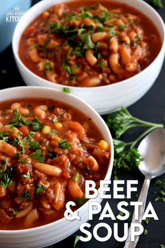 A soup that's a complete meal! Beef and Pasta Tomato Soup covers all the bases in terms of being a well-balanced meal. It's delicious, hearty, mom/dad-approved, and kid-friendly too! #beef #tomato #pasta #soup #heartysoup #familyrecipes