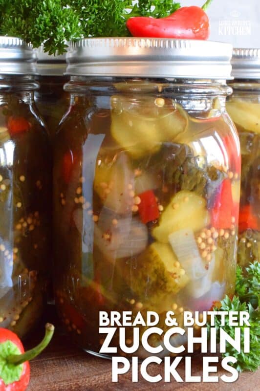 Bread and Butter Zucchini Pickles are one of my favourite condiments. Easy to prepare, and inexpensive too, this is a great recipe to prepare as gifts for friends or to stock your pantry for the winter months ahead. #breadandbutter #zucchini #pickles #preserves #sweet #masonjar