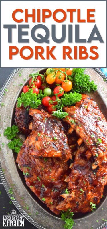 Super moist and tender pork ribs are first prepared in an instant pot and then brushed with a homemade chipotle tequila barbecue sauce. The ribs are then tossed on the grill until that delicious sauce becomes hot, sticky, and stuck to those gorgeous ribs by means of beautiful grill marks. Are you drooling yet? #chipotle #tequila #bbq #ribs #porkribs #pork
