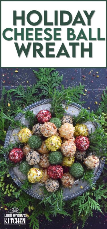 These little balls of cheese are rolled in a variety of toppings like toasted nuts and sesame seeds, dried herbs, and even some crushed pink peppercorns for some heat! A Holiday Cheese Ball Wreath is a great way to jazz up your snack table! Serve with your favourite crackers and some warm crostini! #christmas #holiday #appetizer #cheese #platter