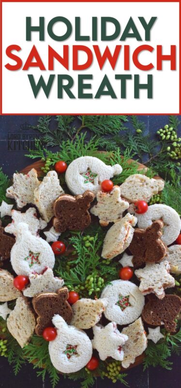 The sandwiches that make up this Holiday Sandwich Wreath are small, delicious, and festively shaped with your favourite cookie cutters. With four different flavours, there's one for everyone! Serve these finger sandwiches with a cup of hot tea at an afternoon holiday gathering! #sandwiches #fingerfoods #charcuterie #christmas #holiday #nobake