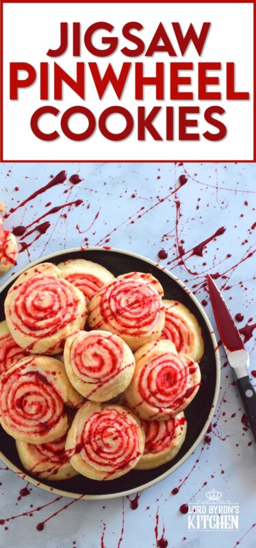 Despite their horror-ish name and their bloody demeanour, Jigsaw Pinwheel Cookies are a light and buttery delight! Liberally dusted with red sanding sugar, the biscuit-like dough is rolled to form the look of Jigsaw's red and white spirally cheeks. Complete with a splattering of homemade edible blood, these cookies are perfect for Halloween and the Saw franchise fan! #jigsaw #saw #sawmovie #halloween #cookies #edible #blood