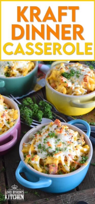 Kraft Dinner Casserole is a great family dinner option that won't break the bank and is so quick and easy to prepare. Starting with a box of Kraft Dinner, some ham, a can of soup, and grated cheese, this delicious dinner can be on the table in about 30 minutes! #casserole #ham #kraftdinner #macandcheese