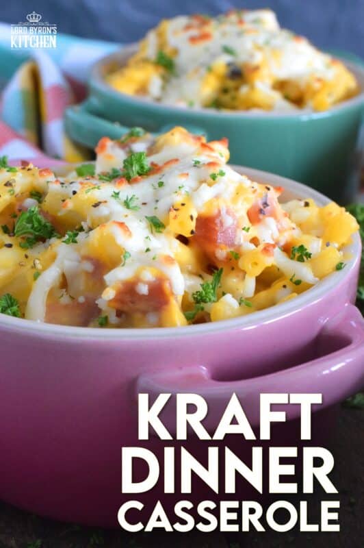 Kraft Dinner Casserole is a great family dinner option that won't break the bank and is so quick and easy to prepare. Starting with a box of Kraft Dinner, some ham, a can of soup, and grated cheese, this delicious dinner can be on the table in about 30 minutes! #casserole #ham #kraftdinner #macandcheese