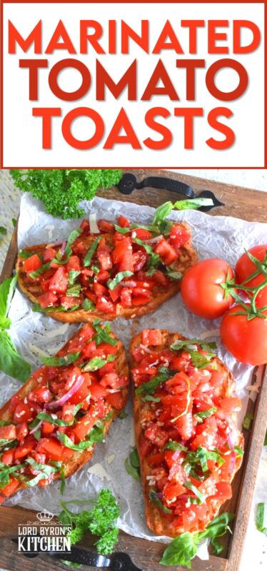 Summer fresh tomatoes are marinated with olive oil, garlic, red onions, and balsamic vinegar and piled high on garlic-rubbed grilled toast. Marinated Tomato Toasts are one of my favourite ways to use up my home-grown tomato harvest! #tomato #tomatoes #summerfresh #toasts #sourdough #bread #marinated