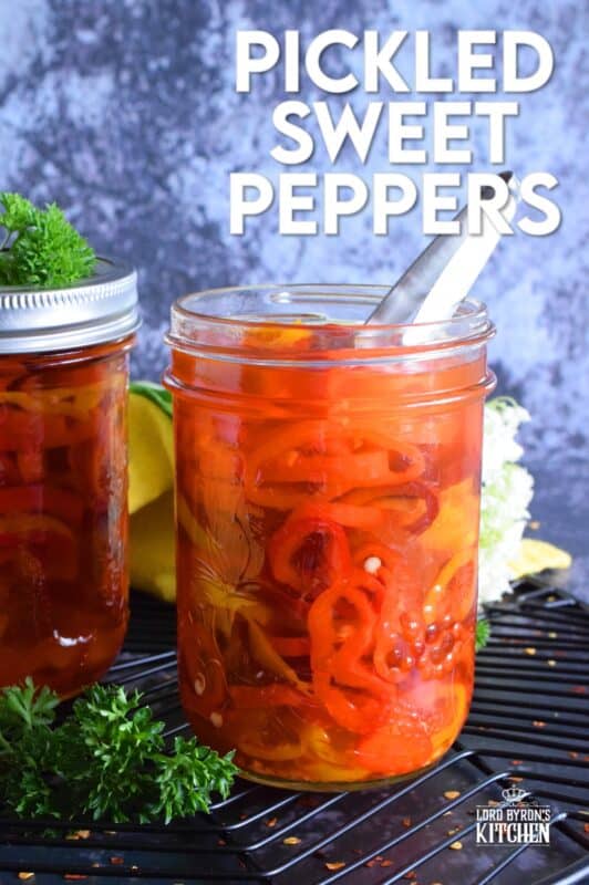 Pickled Sweet Peppers are tart, sweet, and just a little spicy. These are so easy to make and there's no canning experience needed at all! If you can boil water and slice sweet peppers into rings, you've got this! #pickled #pickles #peppers #sweetpeppers #pickledpeppers #preserving #quickpickles