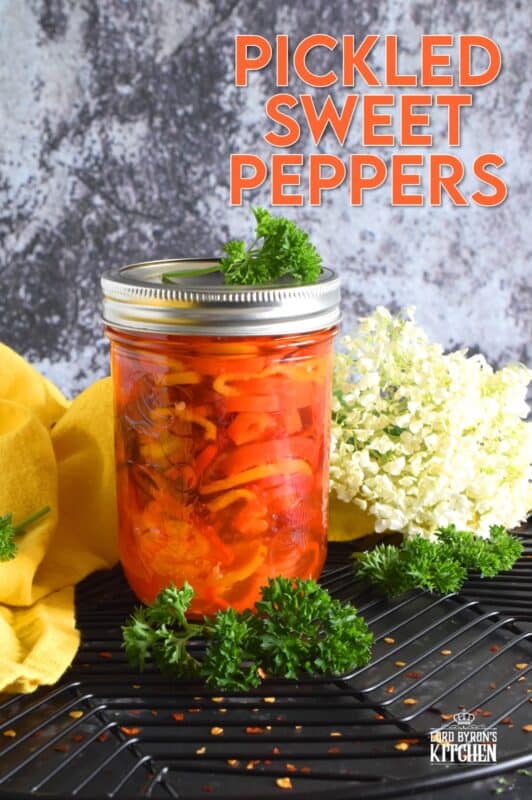 Pickled Sweet Peppers are tart, sweet, and just a little spicy. These are so easy to make and there's no canning experience needed at all! If you can boil water and slice sweet peppers into rings, you've got this! #pickled #pickles #peppers #sweetpeppers #pickledpeppers #preserving #quickpickles