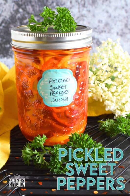 Pickled Sweet Peppers are tart, sweet, and just a little spicy. These are so easy to make and there's no canning experience needed at all! If you can boil water and slice sweet peppers into rings, you've got this! #pickled #pickles #peppers #sweetpeppers #pickledpeppers #preserving #quickpickles