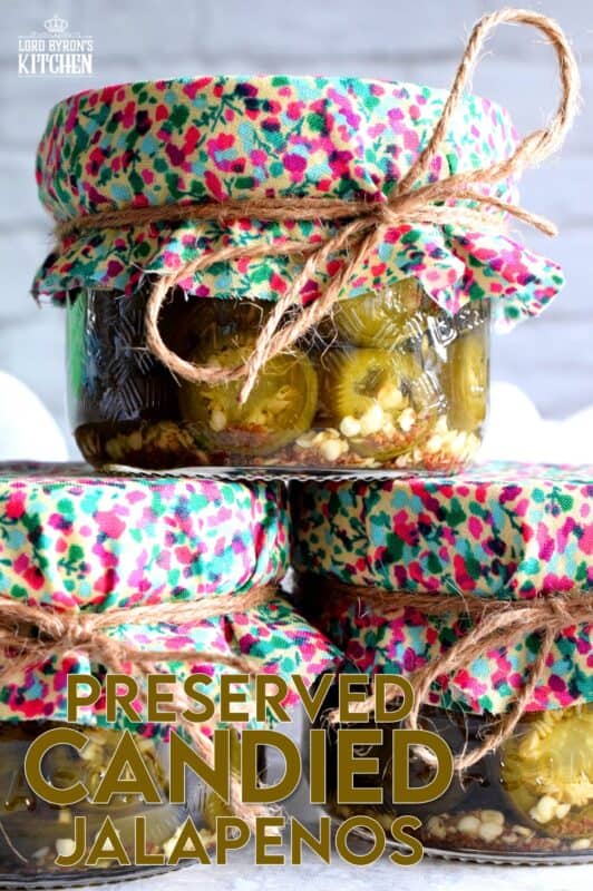 Preserved Candied Jalapenos are bite-sized morsels of heat and sweet - these are highly addictive, easy to prepare, and are a great addition to so many of your favourite recipes! This recipe makes four jars, but can easily be doubled or tripled if you feel like sharing! These make a great bring-along hostess gift too! #jalapenos #pickled #preserved #waterbath #canning