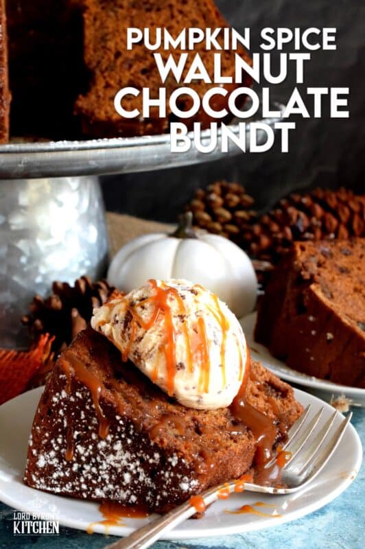 Perfectly moist and decadent on its own, but can be dressed to impress with a scoop of ice cream and some caramel drizzle. Pumpkin Spice Walnut Chocolate Bundt cake is a big cake and it's perfect for sharing! #pumpkinspice #pumpkin #spice #walnut #chocolate #bundt #cake #bundtbakers