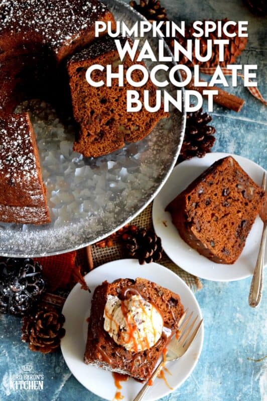 Perfectly moist and decadent on its own, but can be dressed to impress with a scoop of ice cream and some caramel drizzle. Pumpkin Spice Walnut Chocolate Bundt cake is a big cake and it's perfect for sharing! #pumpkinspice #pumpkin #spice #walnut #chocolate #bundt #cake #bundtbakers