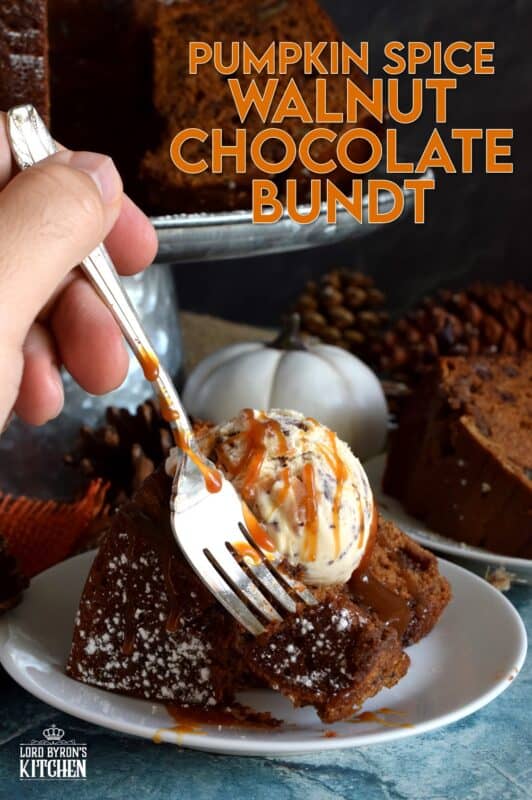 Perfectly moist and decadent on its own, but can be dressed to impress with a scoop of ice cream and some caramel drizzle. Pumpkin Spice Walnut Chocolate Bundt cake is a big cake and it's perfect for sharing! #pumpkinspice #pumpkin #spice #walnut #chocolate #bundt #cake #bundtbakers