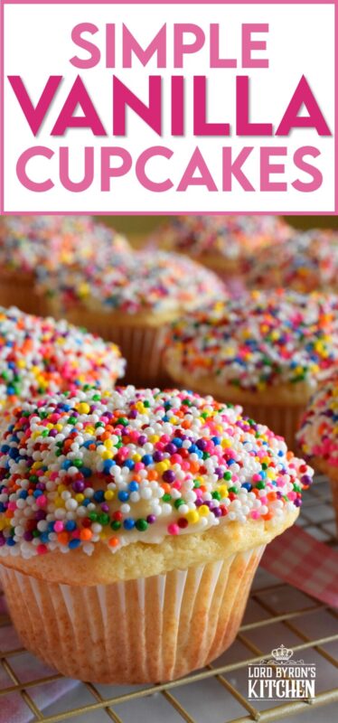 Simple Vanilla Cupcakes are the ultimate go-to recipe for birthdays, special occasions, or just because! Top these with your favourite homemade or store-bought frosting and be sure to add lots and lots of sprinkles too! #classic #simple #oldfashioned #vanilla #cupcakes #easy