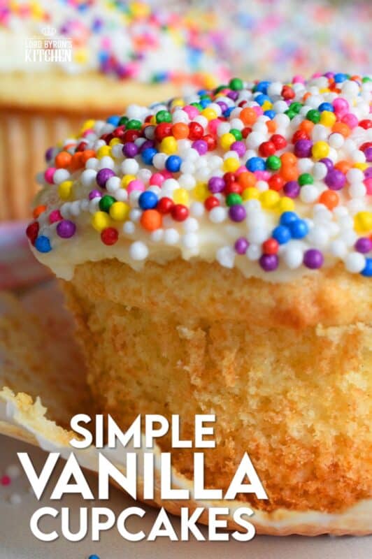 Simple Vanilla Cupcakes are the ultimate go-to recipe for birthdays, special occasions, or just because! Top these with your favourite homemade or store-bought frosting and be sure to add lots and lots of sprinkles too! #classic #simple #oldfashioned #vanilla #cupcakes #easy