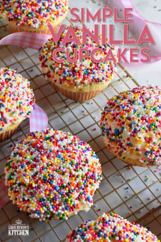 Simple Vanilla Cupcakes are the ultimate go-to recipe for birthdays, special occasions, or just because! Top these with your favourite homemade or store-bought frosting and be sure to add lots and lots of sprinkles too! #classic #simple #oldfashioned #vanilla #cupcakes #easy