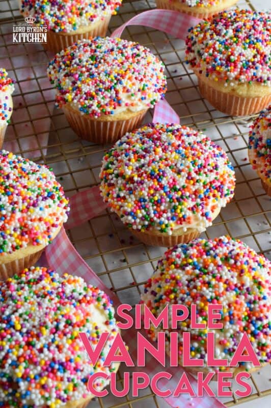 Simple Vanilla Cupcakes are the ultimate go-to recipe for birthdays, special occasions, or just because! Top these with your favourite homemade or store-bought frosting and be sure to add lots and lots of sprinkles too! #classic #simple #oldfashioned #vanilla #cupcakes #easy