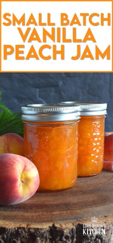 Easy to prepare Small Batch Vanilla Peach Jam is one of my favourite summertime preserves. Prepare this jam when peaches are in season for the best results. All you need are peaches, sugar, and a drop of good vanilla extract. #peach #jam #peaches #smallbatch