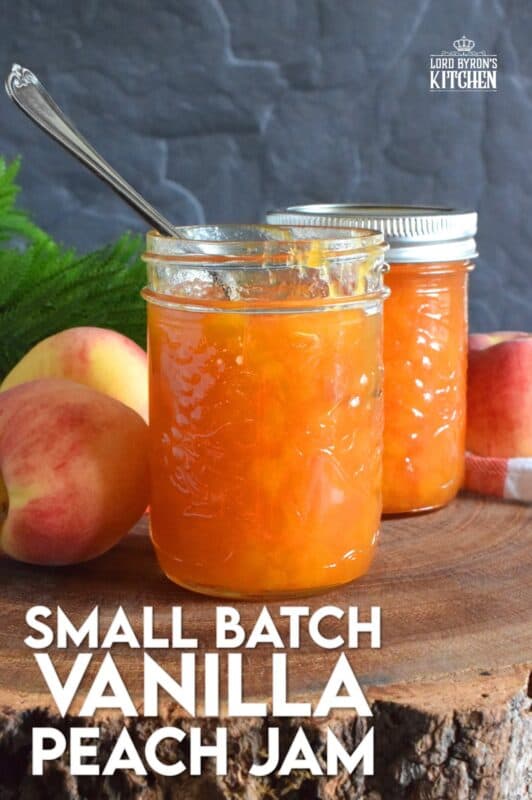 Easy to prepare Small Batch Vanilla Peach Jam is one of my favourite summertime preserves. Prepare this jam when peaches are in season for the best results. All you need are peaches, sugar, and a drop of good vanilla extract. #peach #jam #peaches #smallbatch
