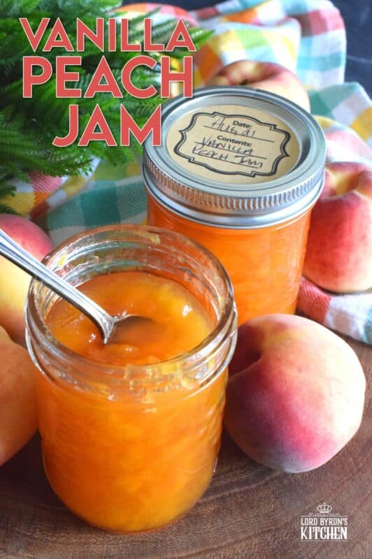 Easy to prepare Small Batch Vanilla Peach Jam is one of my favourite summertime preserves. Prepare this jam when peaches are in season for the best results. All you need are peaches, sugar, and a drop of good vanilla extract. #peach #jam #peaches #smallbatch