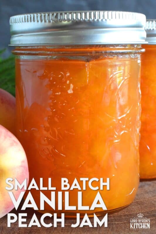 Easy to prepare Small Batch Vanilla Peach Jam is one of my favourite summertime preserves. Prepare this jam when peaches are in season for the best results. All you need are peaches, sugar, and a drop of good vanilla extract. #peach #jam #peaches #smallbatch