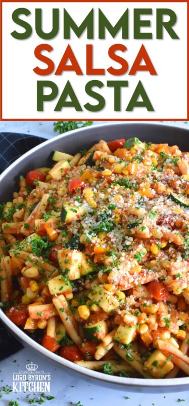 Prepared with fresh tomatoes, corn, and zucchini, Summer Salsa Pasta comes together in less than 25 minutes. With a bright, fresh, flavour, this pasta dish relies heavily on some of the best that summer has to offer. Top with parmesan cheese and grab a fork; dinner is ready! #salsa #summersalsa #pasta #summerpasta #zucchini #corn #tomatoes #meatless