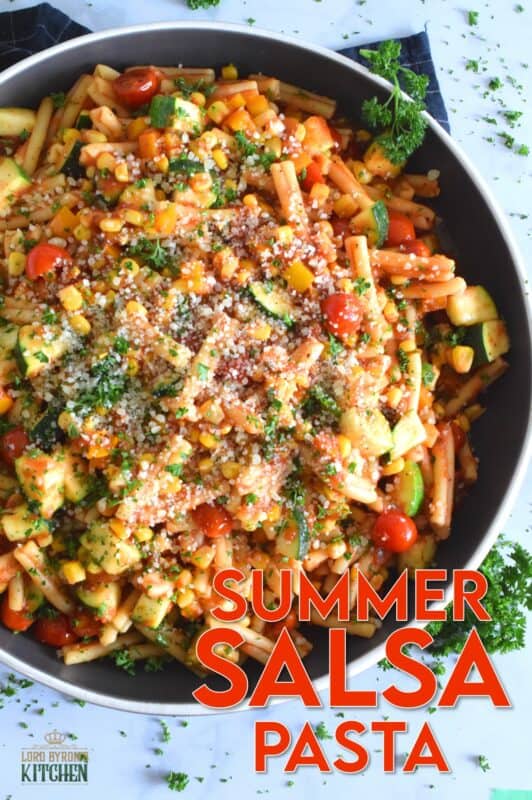 Prepared with fresh tomatoes, corn, and zucchini, Summer Salsa Pasta comes together in less than 25 minutes. With a bright, fresh, flavour, this pasta dish relies heavily on some of the best that summer has to offer. Top with parmesan cheese and grab a fork; dinner is ready! #salsa #summersalsa #pasta #summerpasta #zucchini #corn #tomatoes #meatless