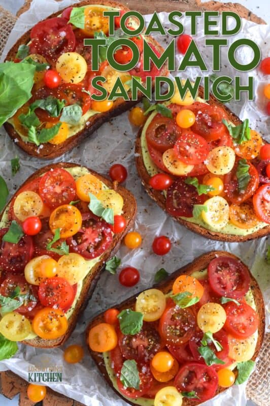 There is nothing in the world as delicious as a Toasted Tomato Sandwich prepared with locally grown, in-season, fresh tomatoes. It's a classic, and one that many of us can remember from the summers of our childhood. This version is simple and easy, but with a few surprise ingredients to increase the yum factor. #toasted #tomato #sandwich #tomatoes #summerfresh #local #sandwiches #classic