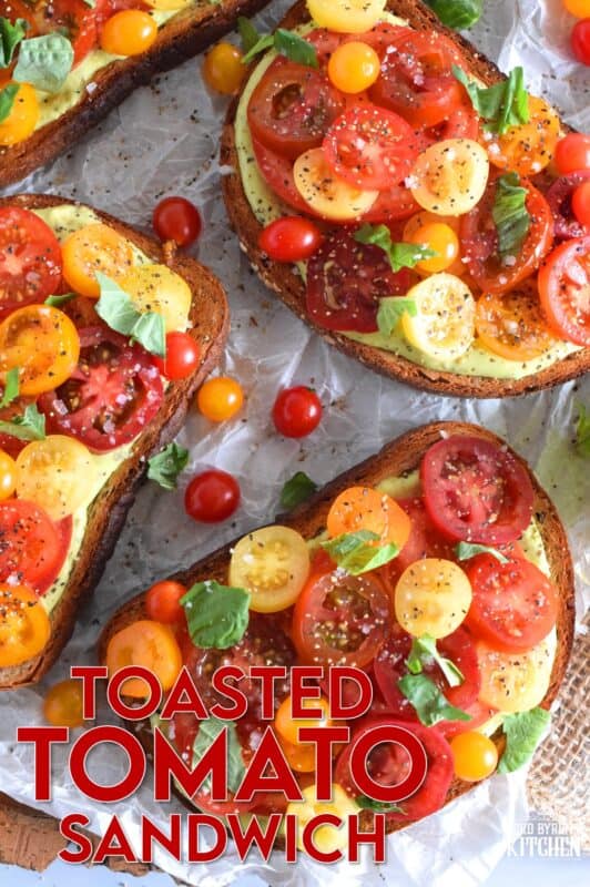 There is nothing in the world as delicious as a Toasted Tomato Sandwich prepared with locally grown, in-season, fresh tomatoes. It's a classic, and one that many of us can remember from the summers of our childhood. This version is simple and easy, but with a few surprise ingredients to increase the yum factor. #toasted #tomato #sandwich #tomatoes #summerfresh #local #sandwiches #classic