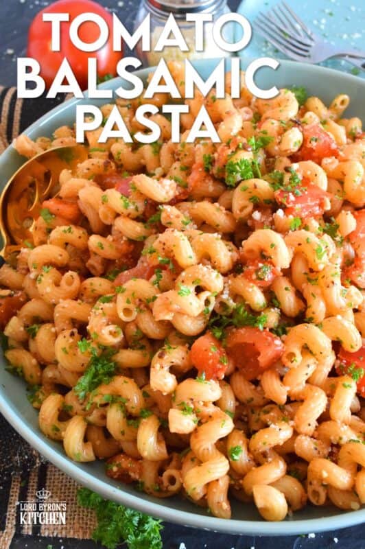 Tomato Balsamic Pasta is prepared with chopped fresh tomatoes and garlic, lots of grated parmesan cheese, and perfectly cooked pasta. With an olive oil and balsamic base, this pasta is super easy, delightfully fresh, and tastes like summer in a bowl! #summerfresh #tomatoes #vegetarian #pasta #oilandbalsamic #freshtomatoes