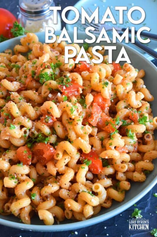 Tomato Balsamic Pasta is prepared with chopped fresh tomatoes and garlic, lots of grated parmesan cheese, and perfectly cooked pasta. With an olive oil and balsamic base, this pasta is super easy, delightfully fresh, and tastes like summer in a bowl! #summerfresh #tomatoes #vegetarian #pasta #oilandbalsamic #freshtomatoes