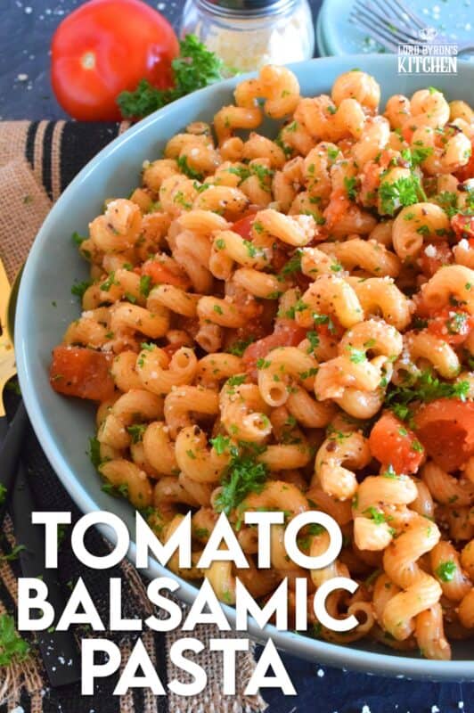Tomato Balsamic Pasta is prepared with chopped fresh tomatoes and garlic, lots of grated parmesan cheese, and perfectly cooked pasta. With an olive oil and balsamic base, this pasta is super easy, delightfully fresh, and tastes like summer in a bowl! #summerfresh #tomatoes #vegetarian #pasta #oilandbalsamic #freshtomatoes