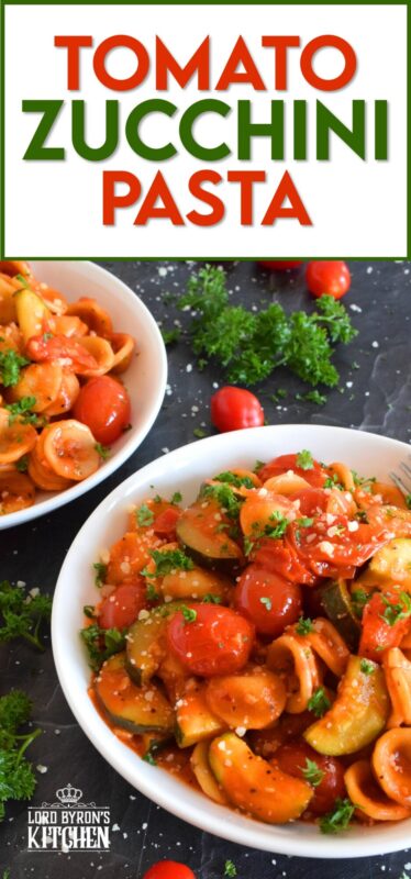 Two of the most common home-grown summer produce are tomatoes and zucchini. Harvest to your hearts' content and prepare copious amounts of this Tomato Zucchini Pasta. It's simple, it's healthy, and it's wonderfully delicious! Just one taste, and this will be a 30-minute recipe you will want to prepare repeatedly! #pasta #tomatoes #zucchini #meatlessmonday #vegetarian #summer #cherry #fresh #orecchiette #familyrecipes