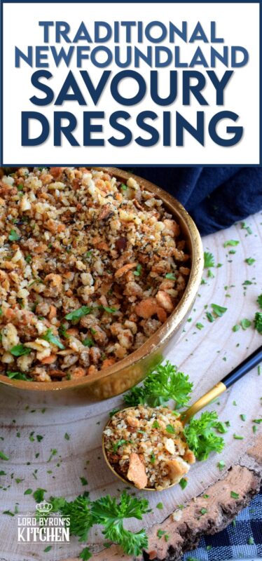Loved throughout Newfoundland, this traditional baked dressing uses pure savoury to transform a bread stuffing into something extraordinarily tasty! The same preparation method is applied whether you bake or pan-fry the dressing, and even if you stuff it into your turkey! #newfoundland #recipes #stuffing #dressing #traditional