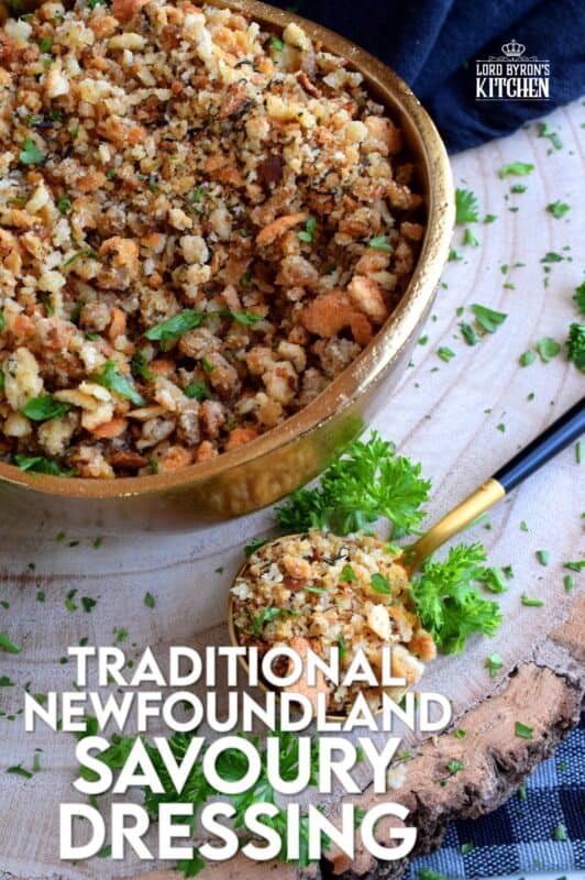 Loved throughout Newfoundland, this traditional baked dressing uses pure savoury to transform a bread stuffing into something extraordinarily tasty! The same preparation method is applied whether you bake or pan-fry the dressing, and even if you stuff it into your turkey! #newfoundland #recipes #stuffing #dressing #traditional