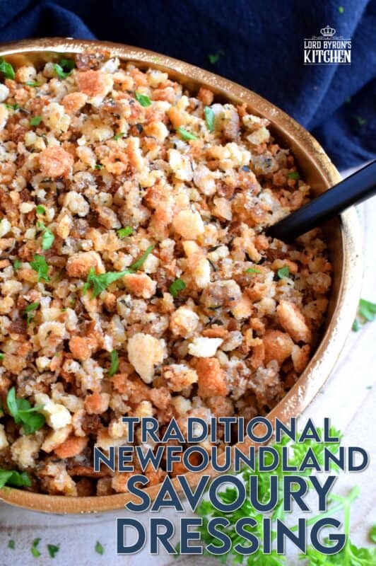 Loved throughout Newfoundland, this traditional baked dressing uses pure savoury to transform a bread stuffing into something extraordinarily tasty! The same preparation method is applied whether you bake or pan-fry the dressing, and even if you stuff it into your turkey! #newfoundland #recipes #stuffing #dressing #traditional