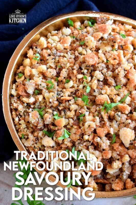 Loved throughout Newfoundland, this traditional baked dressing uses pure savoury to transform a bread stuffing into something extraordinarily tasty! The same preparation method is applied whether you bake or pan-fry the dressing, and even if you stuff it into your turkey! #newfoundland #recipes #stuffing #dressing #traditional