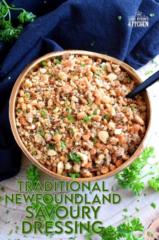 Loved throughout Newfoundland, this traditional baked dressing uses pure savoury to transform a bread stuffing into something extraordinarily tasty! The same preparation method is applied whether you bake or pan-fry the dressing, and even if you stuff it into your turkey! #newfoundland #recipes #stuffing #dressing #traditional